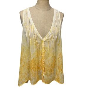 Y2K Mudd Indie Fairy Yellow‎ Ombre Beaded V Neck Button Tank Top Women XL Summer